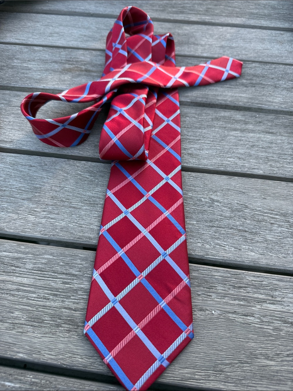 Michael Kors Red Plaid Tie with Blue and White Windowpane